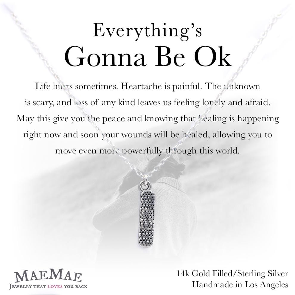 Gold plated pewter bandaid charm on sterling silver necklace on illustrated square card with positive affirmation - MaeMae Jewelry