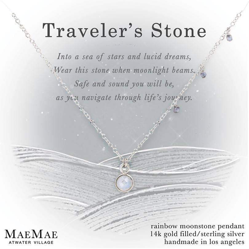 Moonstone Traveler's Stone Silver Necklace on Display Affirmation Card