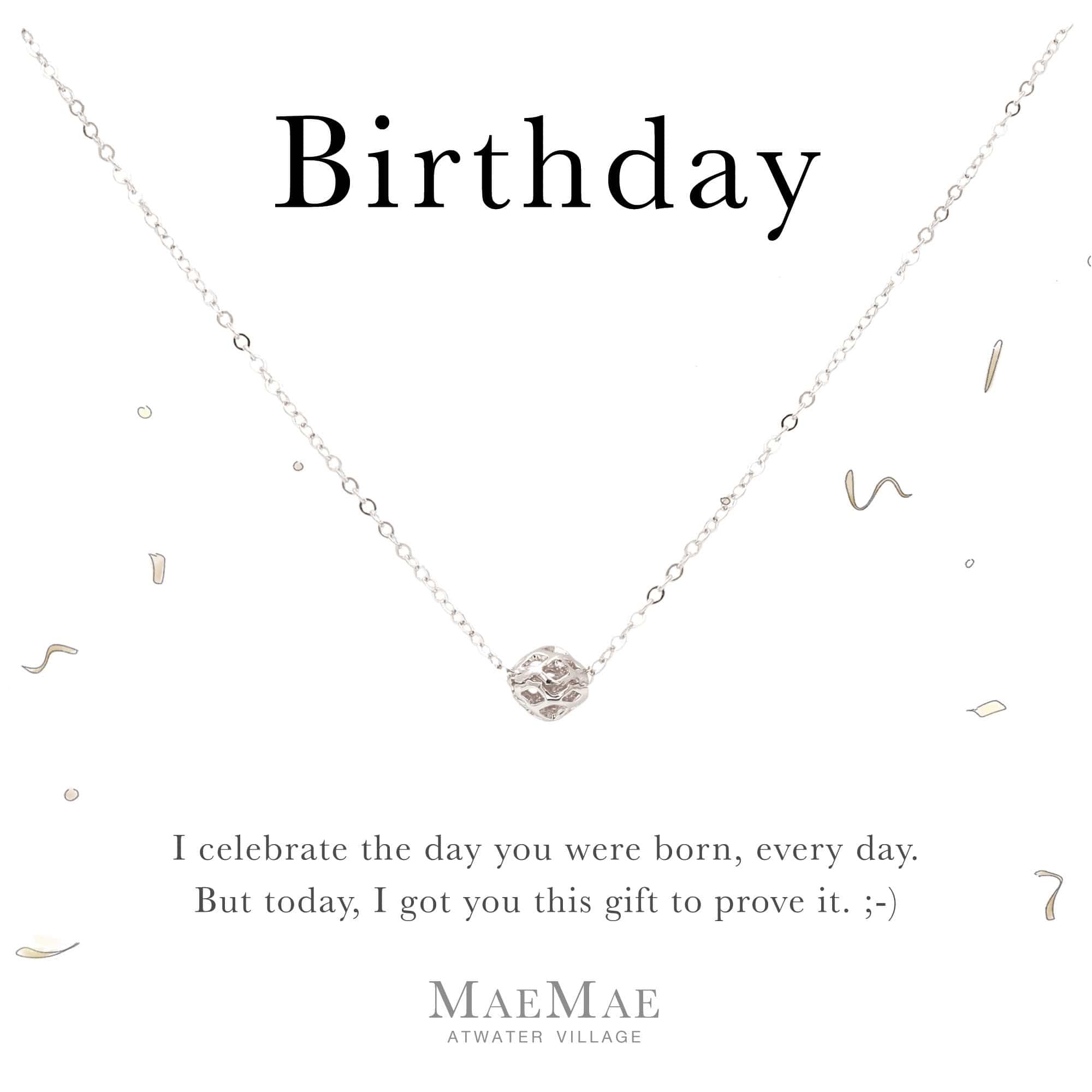 Sterling Silver hollow filigree ball charm on sterling silver cable chain necklace on affirmation card - MaeMae Jewelry