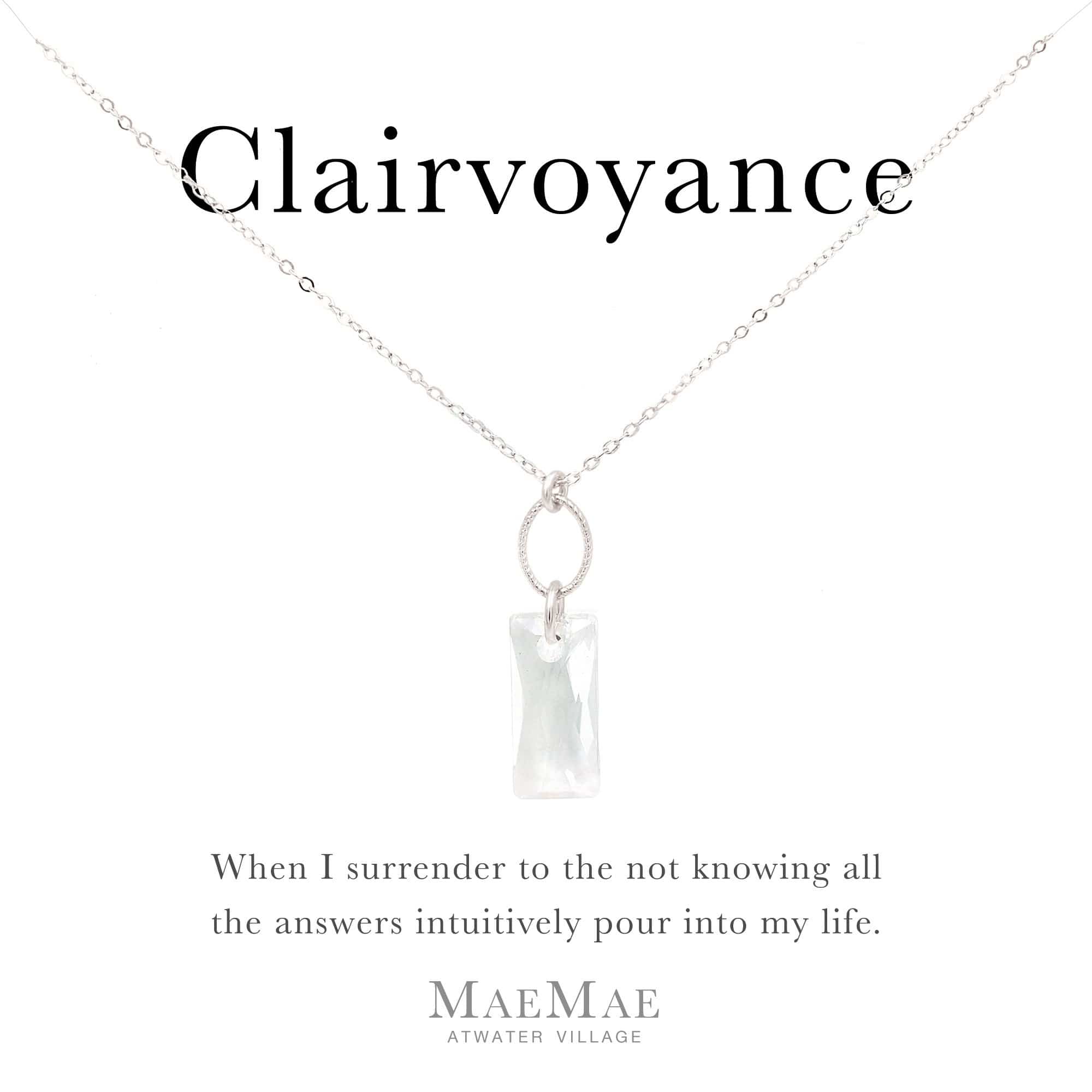 Clear Swarovski Baguette Crystal Pendant on sterling silver flat cable chain necklace on positive affirmation card - MaeMae Jewelry