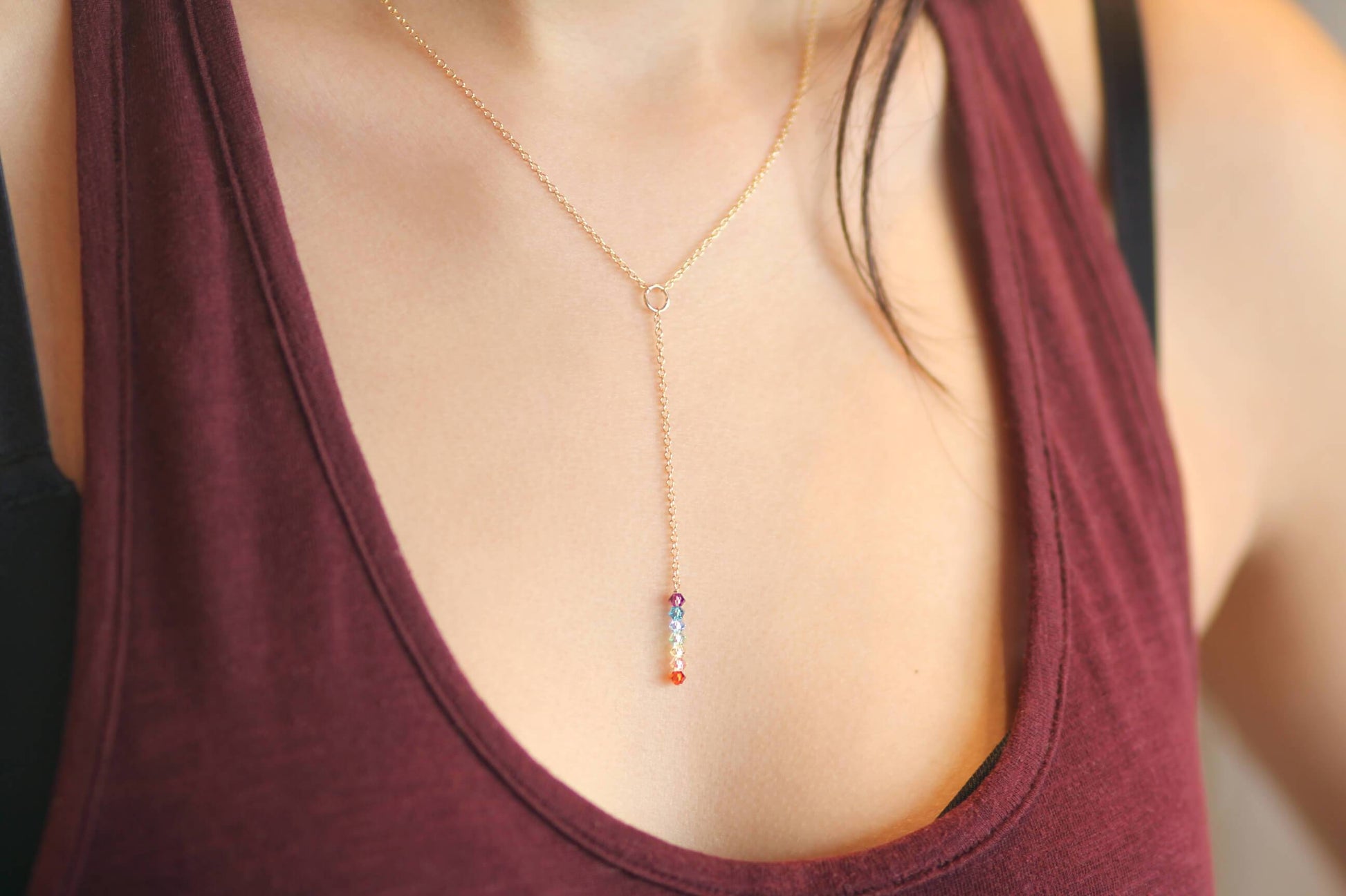 The 7 Chakras Lariat Dainty Necklace MaeMae Jewelry | Multi Colored Swarovski Crystals | The 7 Chakras Lariat