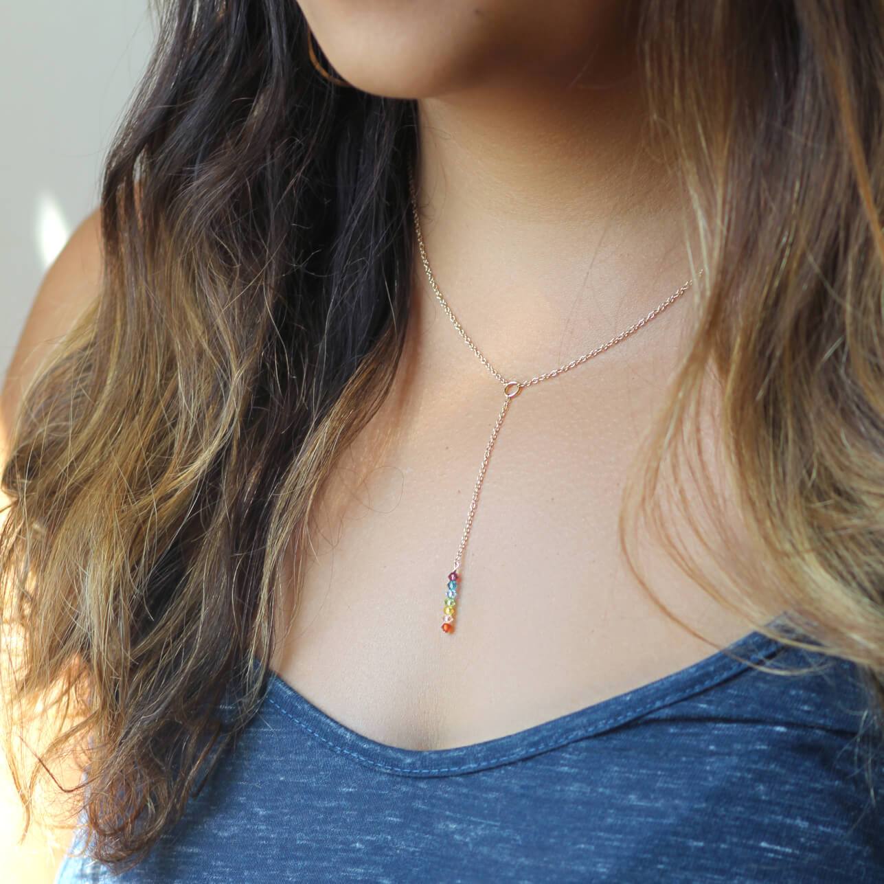 The 7 Chakras Lariat Dainty Necklace MaeMae Jewelry | Multi Colored Swarovski Crystals | The 7 Chakras Lariat