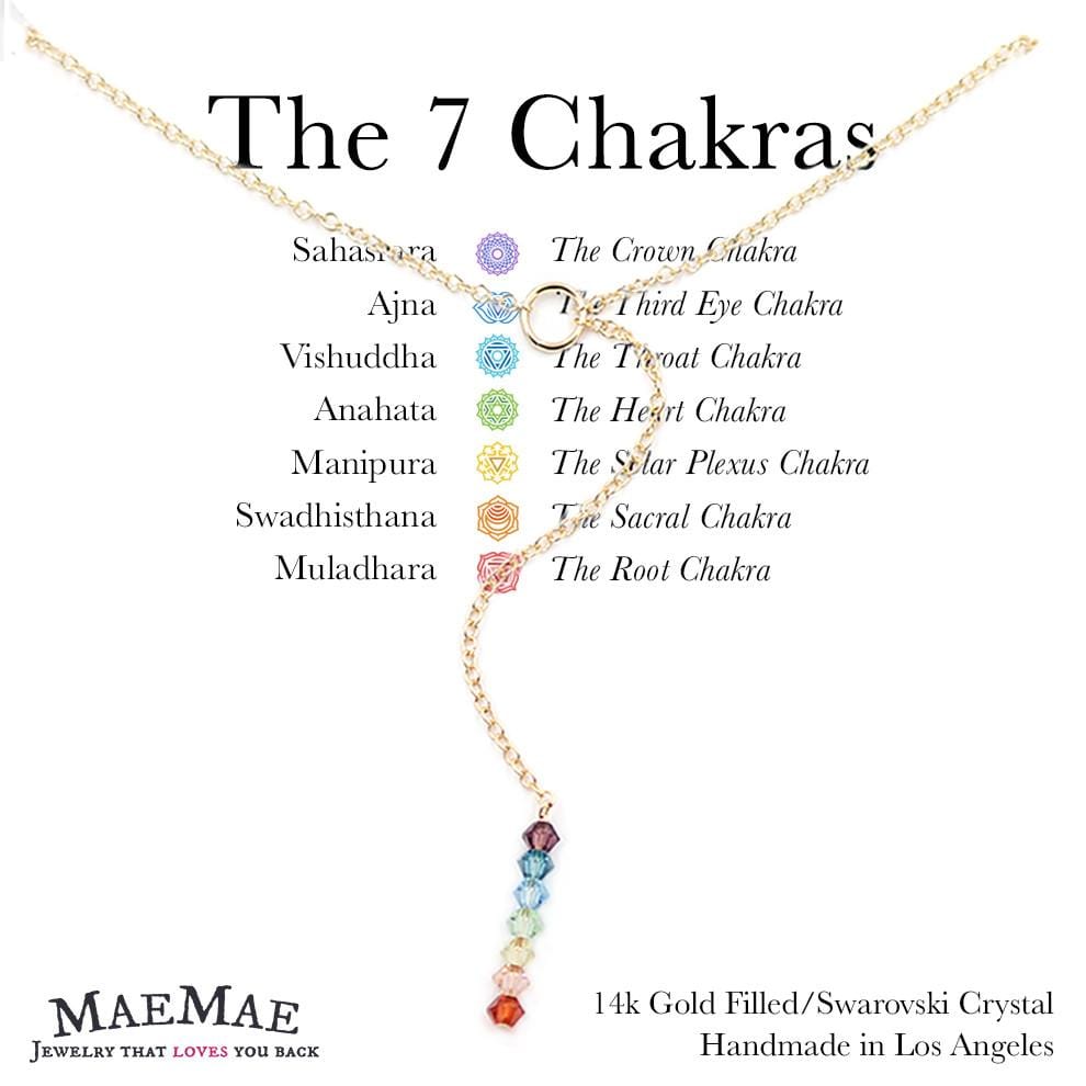 multi color swarovski crystals Lariat necklace with 7 chakra card - MaeMae Jewelry