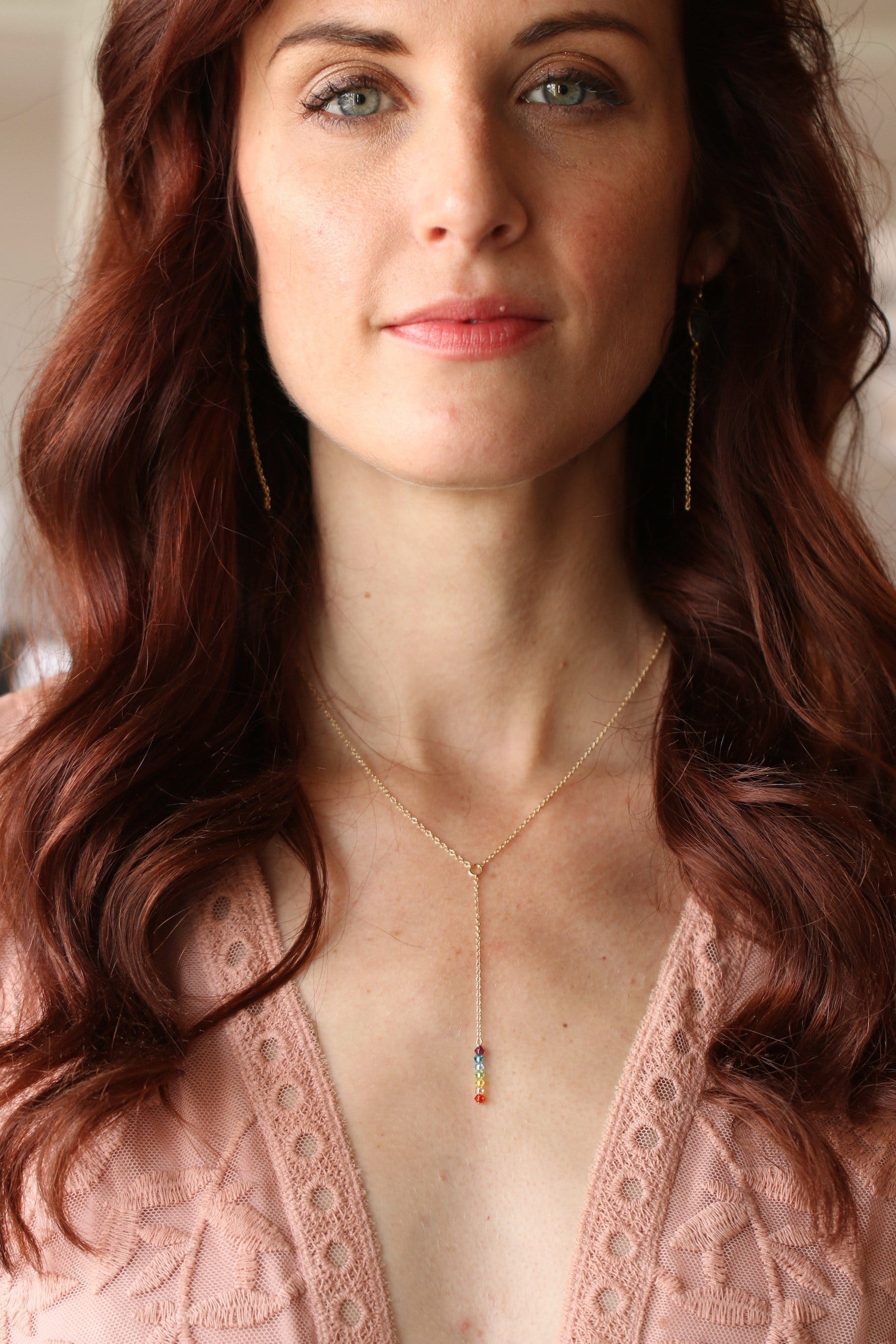 The 7 Chakras Lariat Dainty Necklace MaeMae Jewelry | Multi Colored Swarovski Crystals | The 7 Chakras Lariat