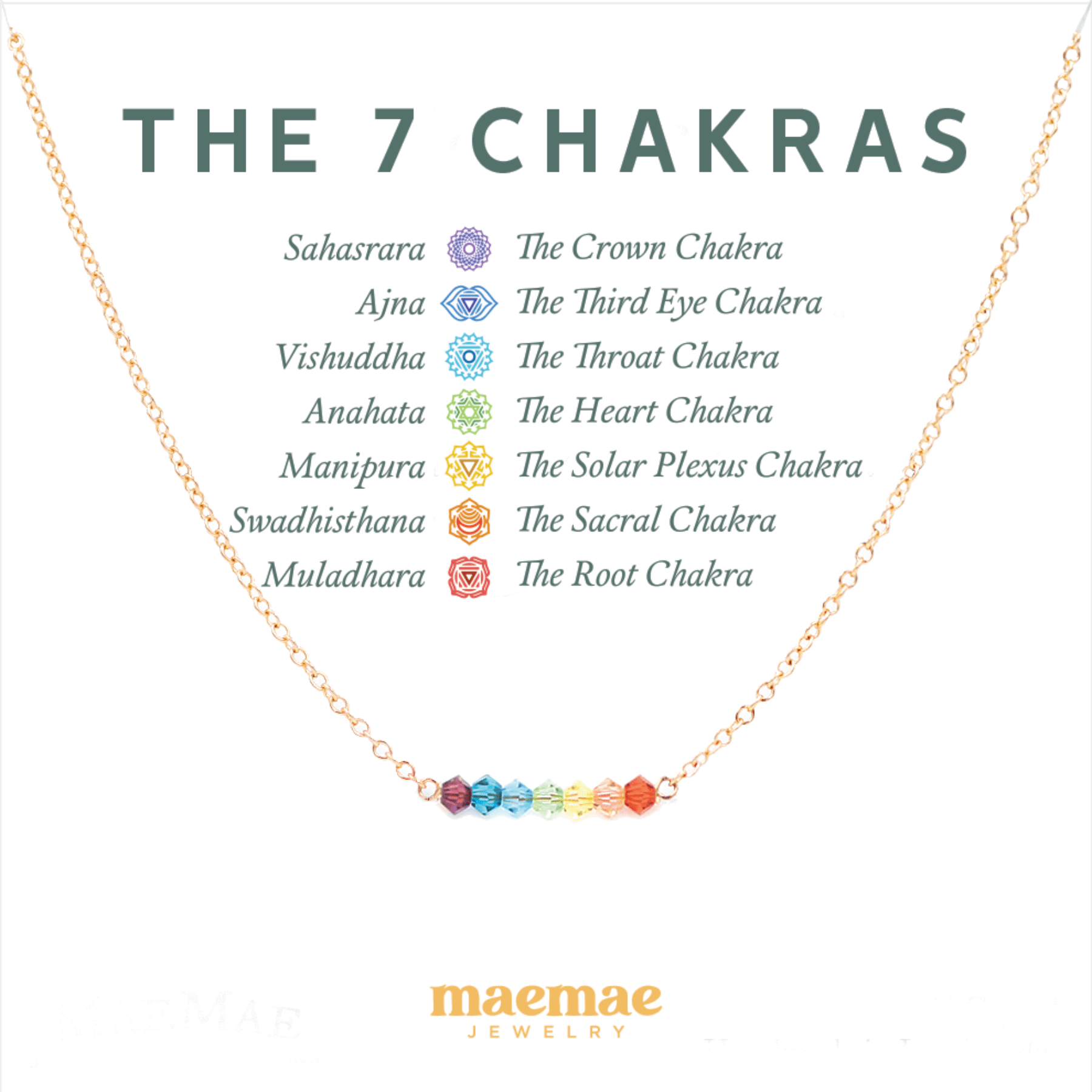 MaeMae Jewelry the 7 chakras rainbow charm necklace gold chain on card