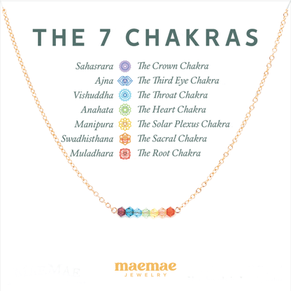 MaeMae Jewelry the 7 chakras rainbow charm necklace gold chain on card