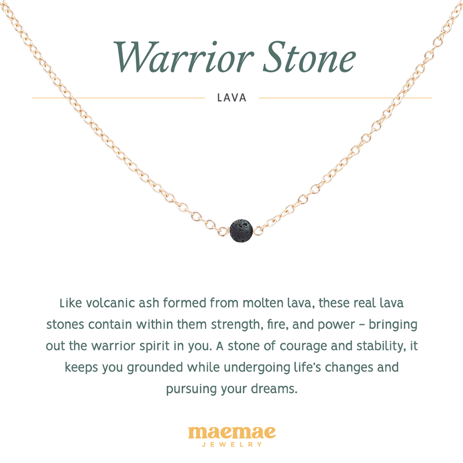 MaeMae Jewelry Warrior lava healing stone collection gold necklace on affirmation card