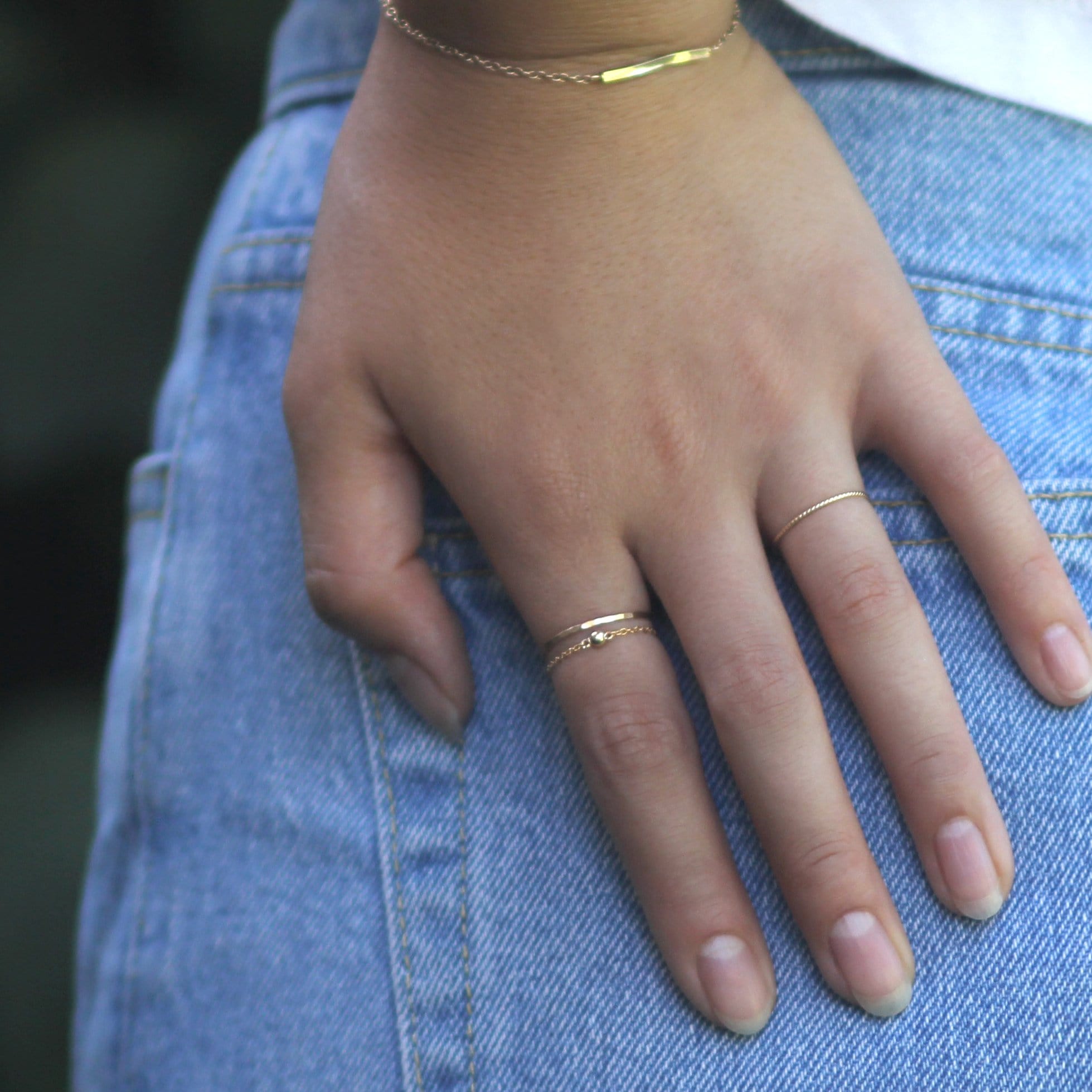 Model wearing 14k gold filled chain ring with 3mm 14k gold filled bright bead ball - MaeMae Jewelry