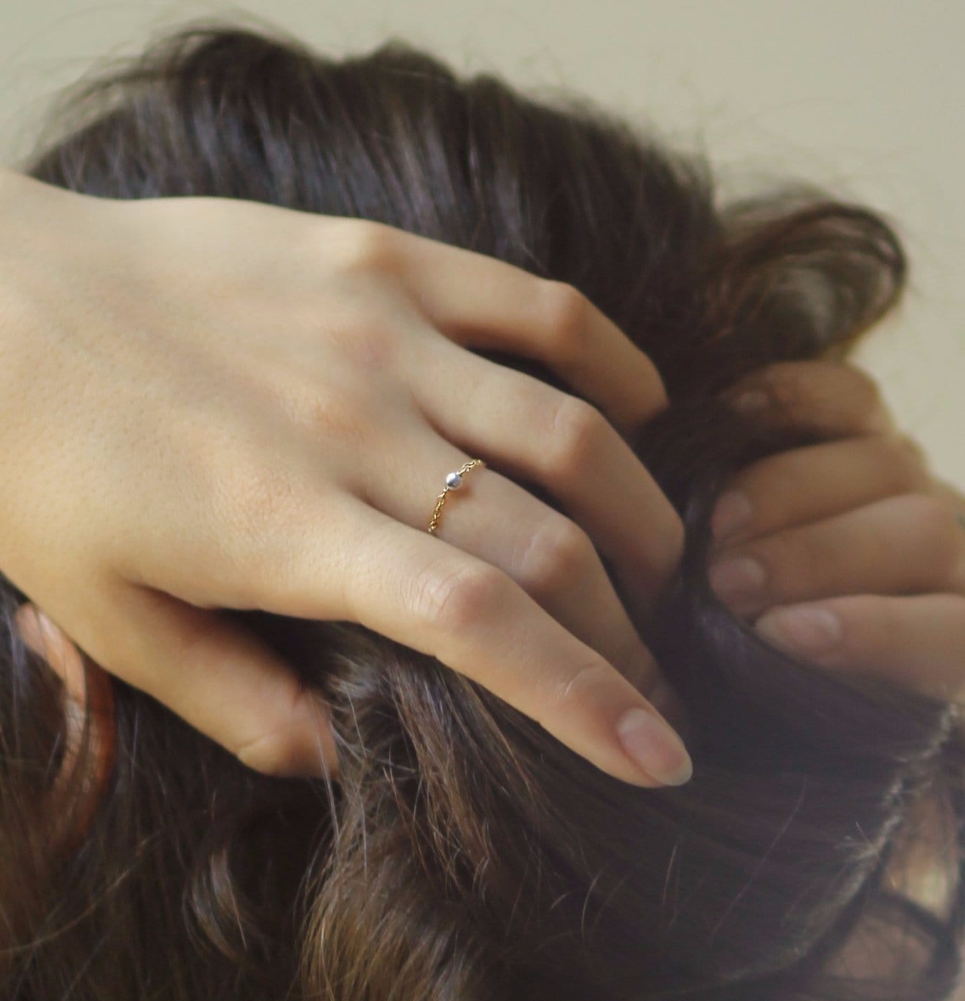 Model wearing 14k gold filled chain ring with 3mm sterling silver bright bead ball - MaeMae Jewelry