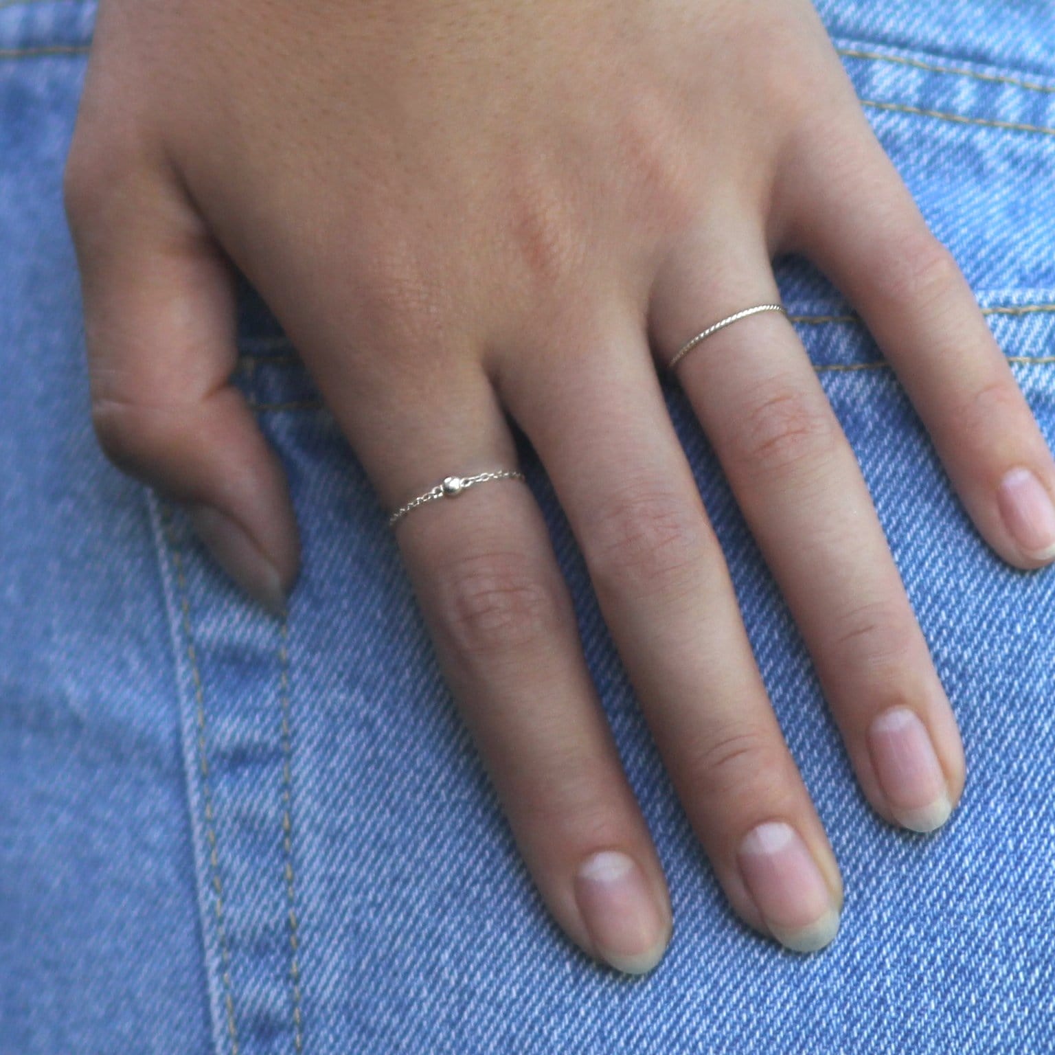 Model wearing sterling silver chain ring with 3mm sterling silver bright bead ball - MaeMae Jewelry