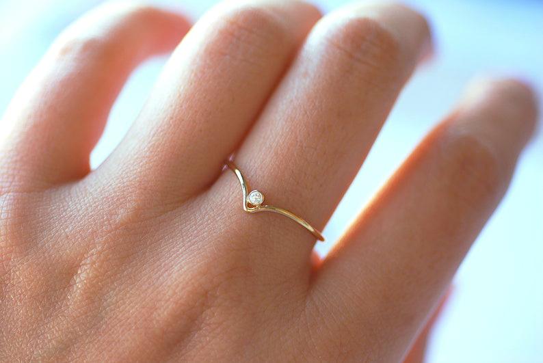 Chevron CZ Solitaire Stacking Ring Dainty Ring