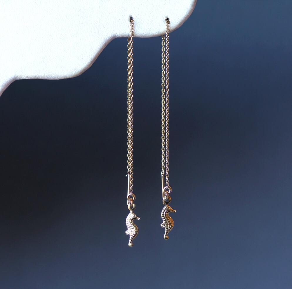 Seahorse Threader Earrings Dainty MaeMae Jewelry | Ear Threaders | Seahorse Chain Earrings | Gold or Silver