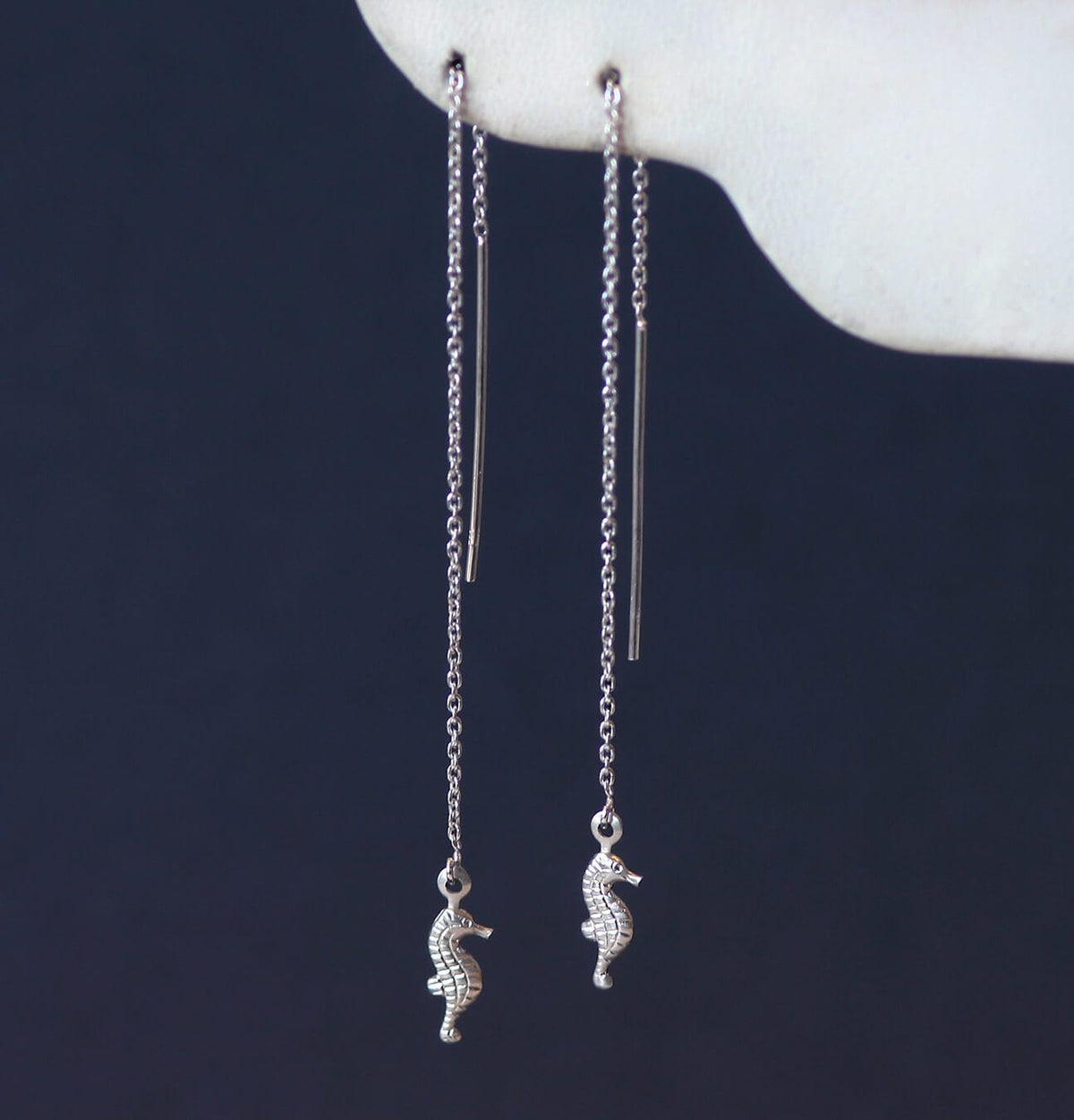 Seahorse Threader Earrings Dainty MaeMae Jewelry | Ear Threaders | Seahorse Chain Earrings | Gold or Silver