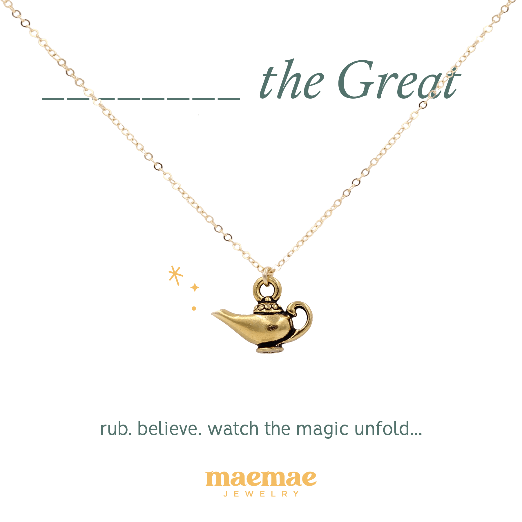 MaeMae Jewelry The Great gold chain necklace with genie lamp charm on affirmation card