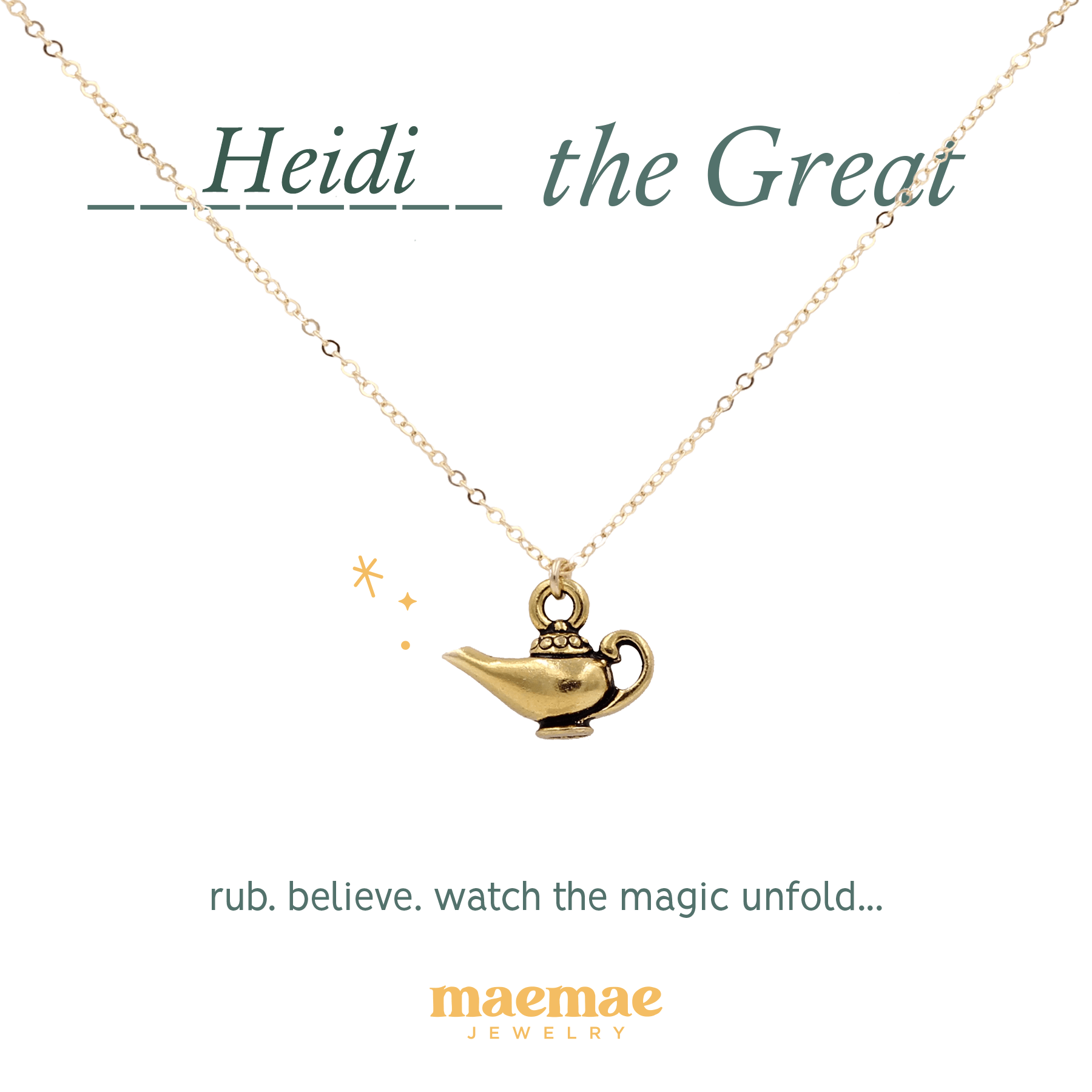 The Great card with name insert, Heidi the Great, with gold genie lamp necklace