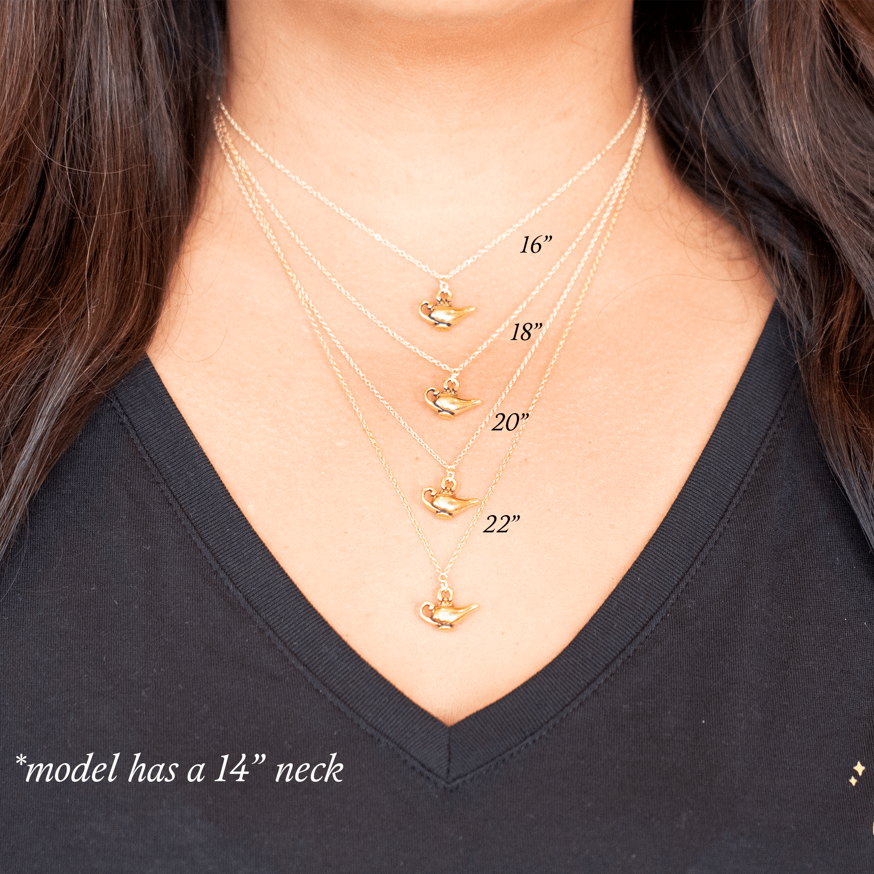 The Great available necklace chain lengths, model has 14" neck