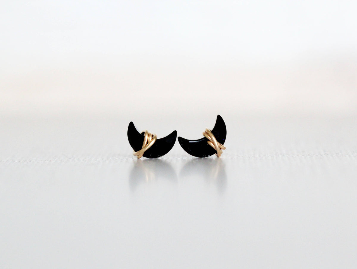 Mini Moonbeam Studs - Black Agate Dainty Earrings 14k Gold Fill